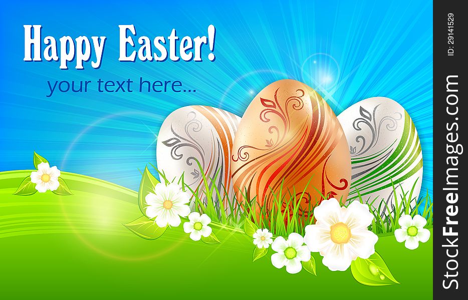 Easter eggs with flowers on green grass & text, vector illustration. Easter eggs with flowers on green grass & text, vector illustration