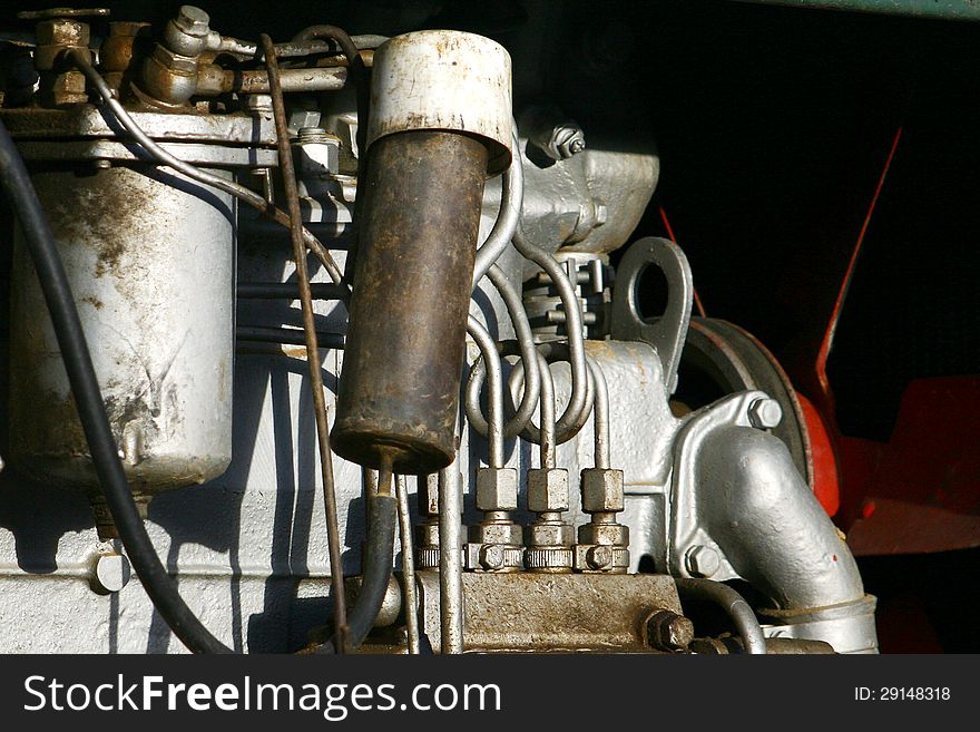 Detail of older diesel engine used for mobile drilling rig on a military truck.