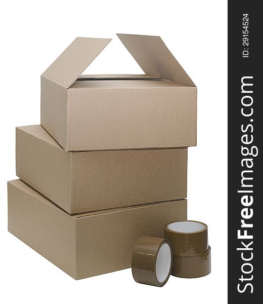 Cardboard packaging and adhesive tape. Packing of cargo.