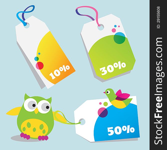 Colorful sale tags and funny birds