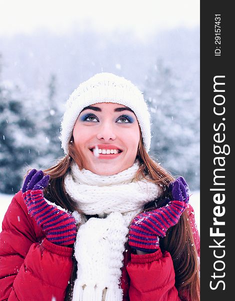 Outdoor sensual portrait of pretty young woman in winter park. Outdoor sensual portrait of pretty young woman in winter park