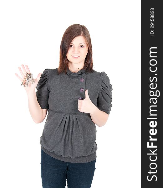 Young beautiful woman showing apartment keys on white background.