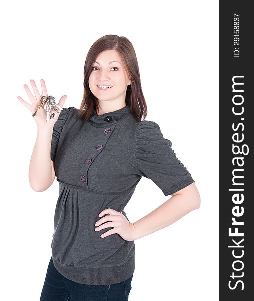 Young Beautiful Woman Showing Apartment Keys On White Background