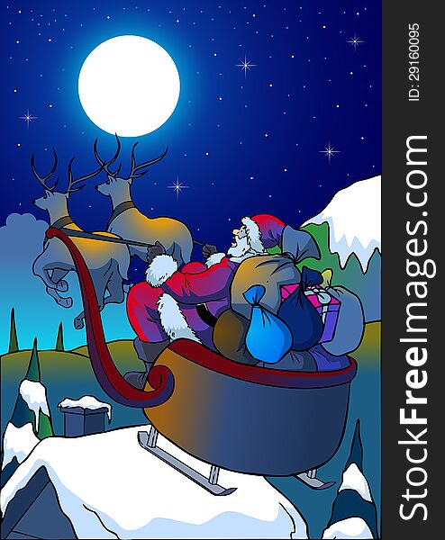 Cartoon illustration of Santa Claus is bringing gifts. Cartoon illustration of Santa Claus is bringing gifts