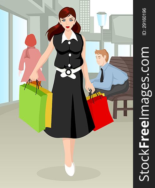 Cartoon illustration of a woman with shopping bags walking on sidewalk. Cartoon illustration of a woman with shopping bags walking on sidewalk