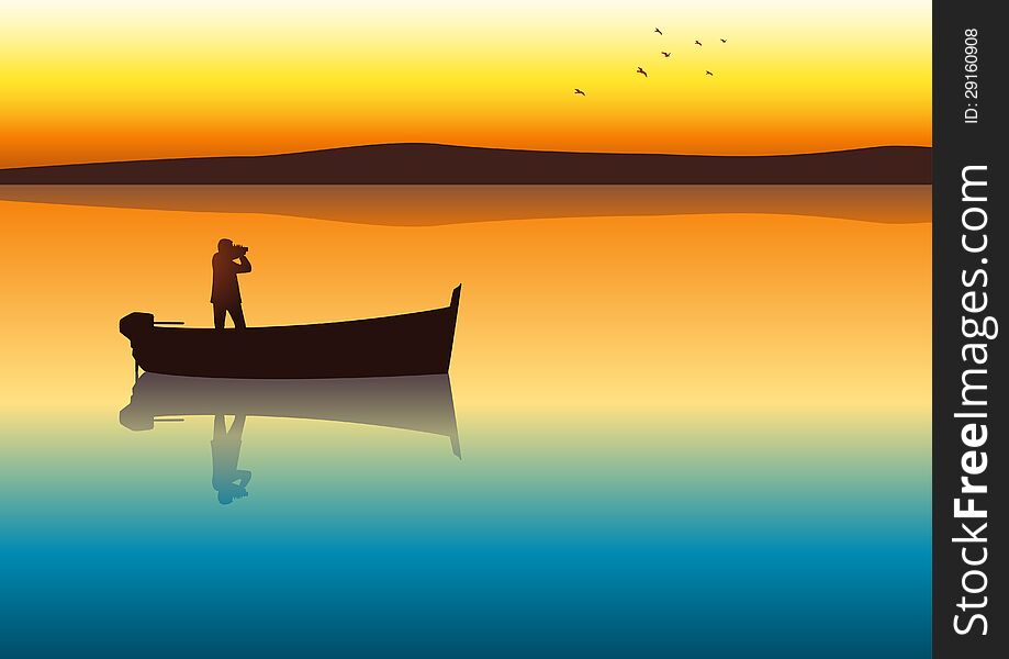 Silhouette illustration of a man observe with binoculars on a boat. Silhouette illustration of a man observe with binoculars on a boat
