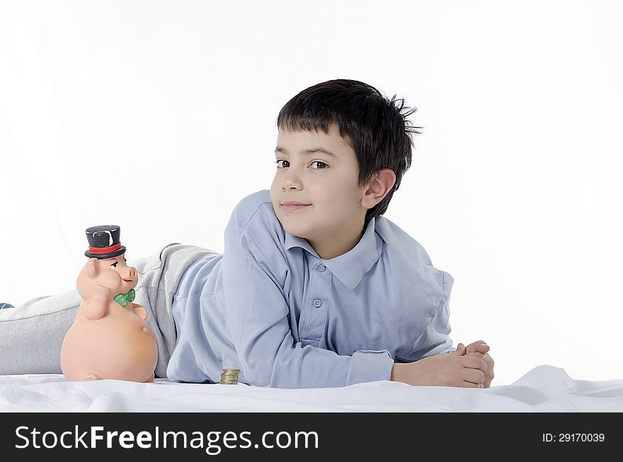 Piggy bank and child
