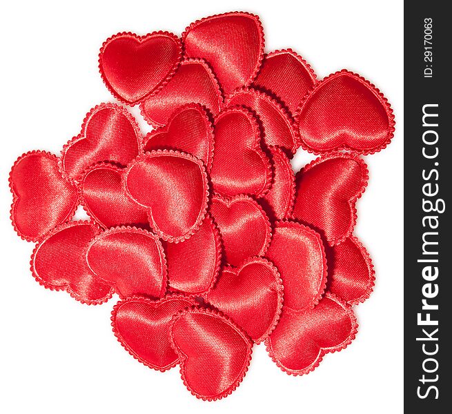 Red satin hearts white isolated for valentine's day. Red satin hearts white isolated for valentine's day