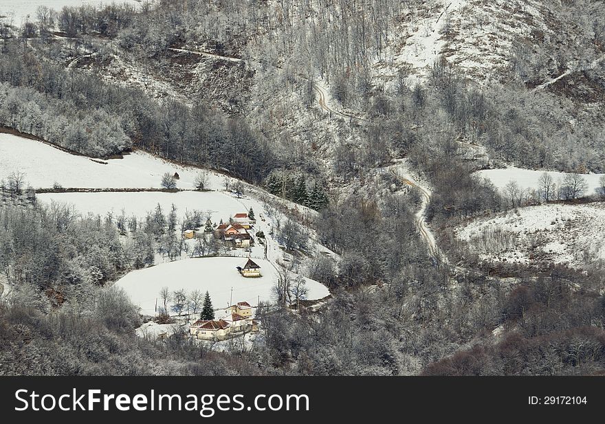 Small mountain village in the winter environment