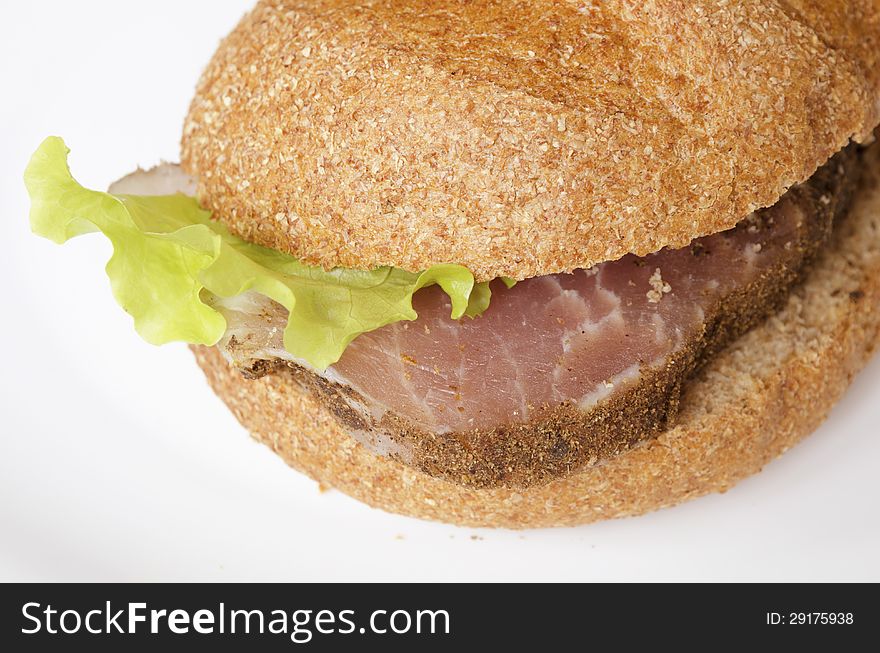 Fresh burger closeup on the white plate surface. Fresh burger closeup on the white plate surface