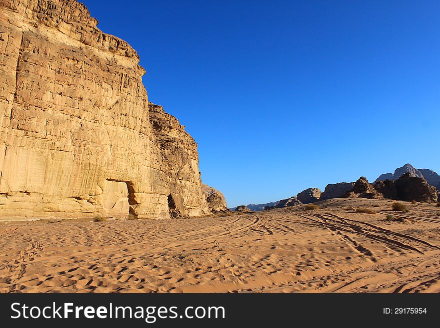 Many trails on the sand in the desert of Jordan