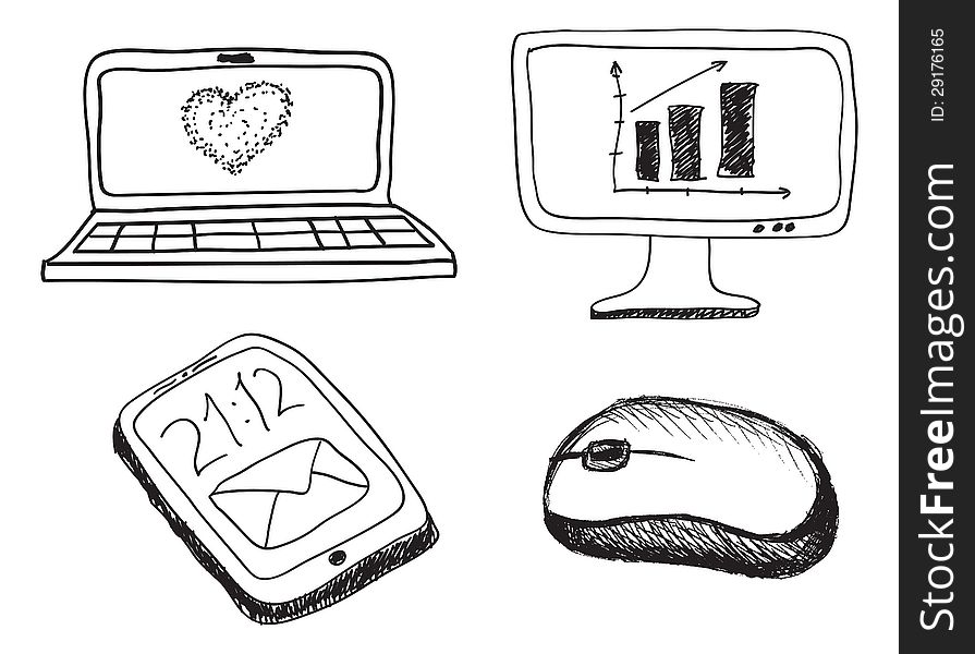 Hand drawn phone, monitor, notebook and mouse on a white background