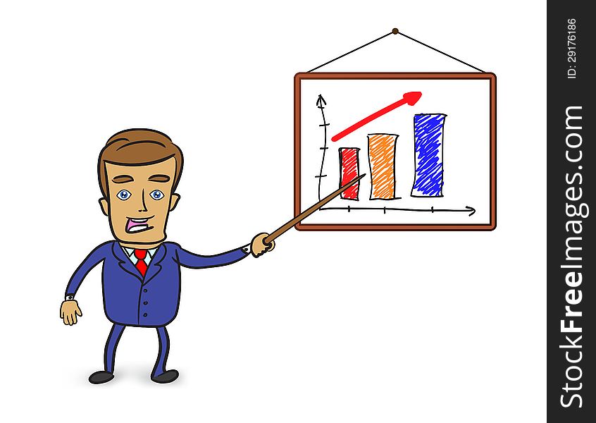 Cute businessman pointing at graph on whiteboard