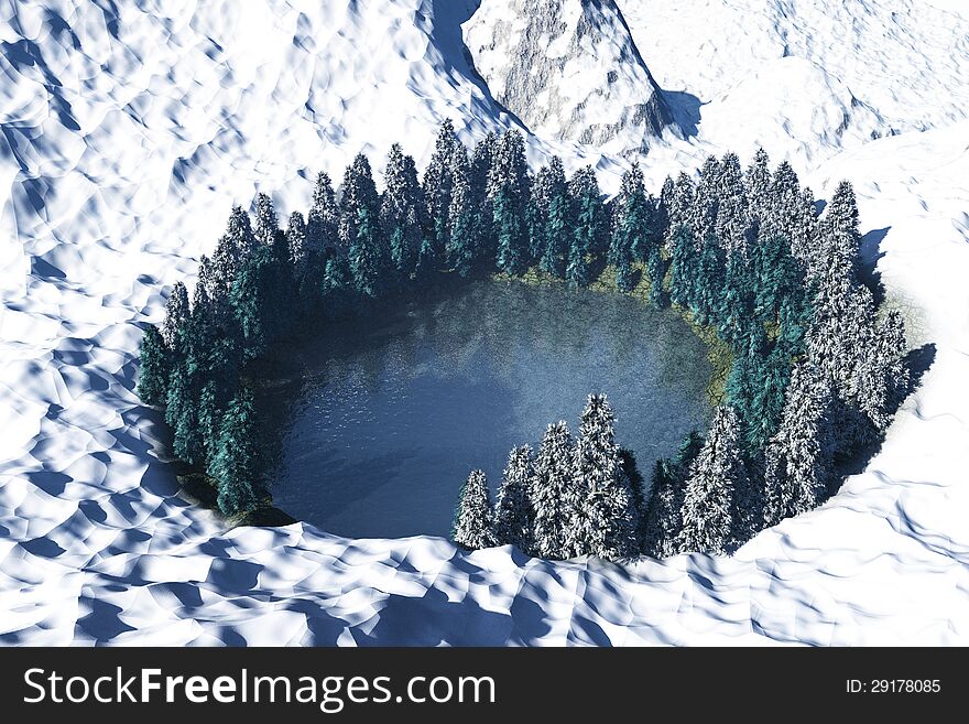 The image of round lake in mountains