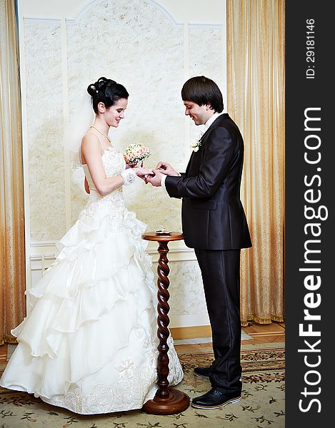 Happy Man Wears Wedding Ring His Bride