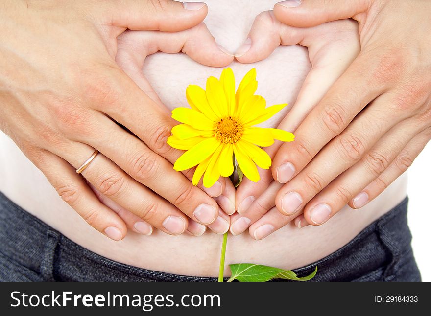 Pregnant girl belly and flower isolated on white background