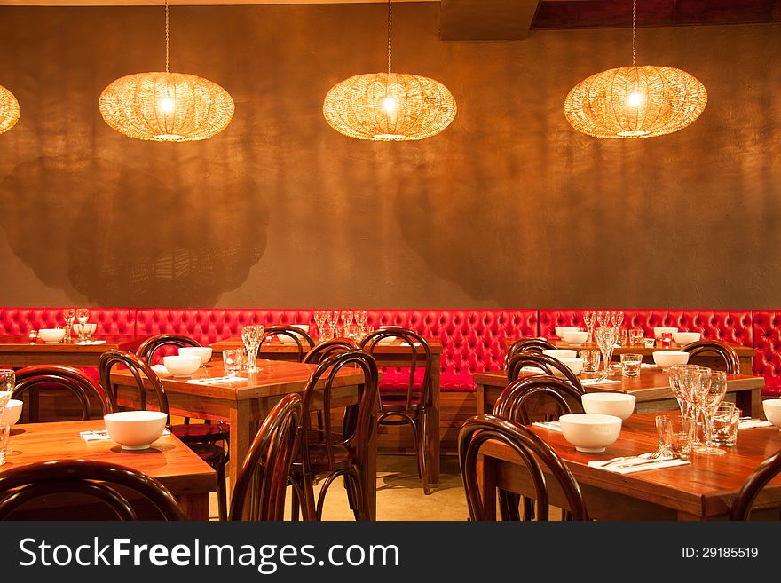 Interior Of Modern Restaurant , Empty Glass On Table.