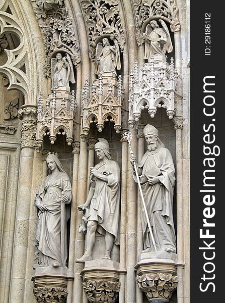 Statues of saints above the entrance of Virgin Mary Cathedral, Zagreb, Croatia