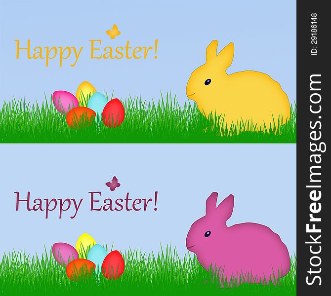 Illustration of Easter bunny with colored eggs and green grass. Illustration of Easter bunny with colored eggs and green grass.