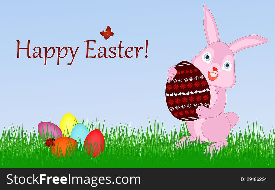 Illustration of Easter bunny with colored eggs and green grass. Illustration of Easter bunny with colored eggs and green grass.