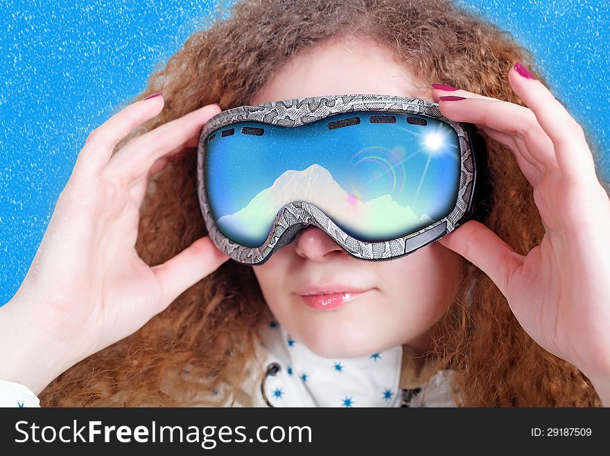 Pretty curly girl with glasses Snowboard. Pretty curly girl with glasses Snowboard