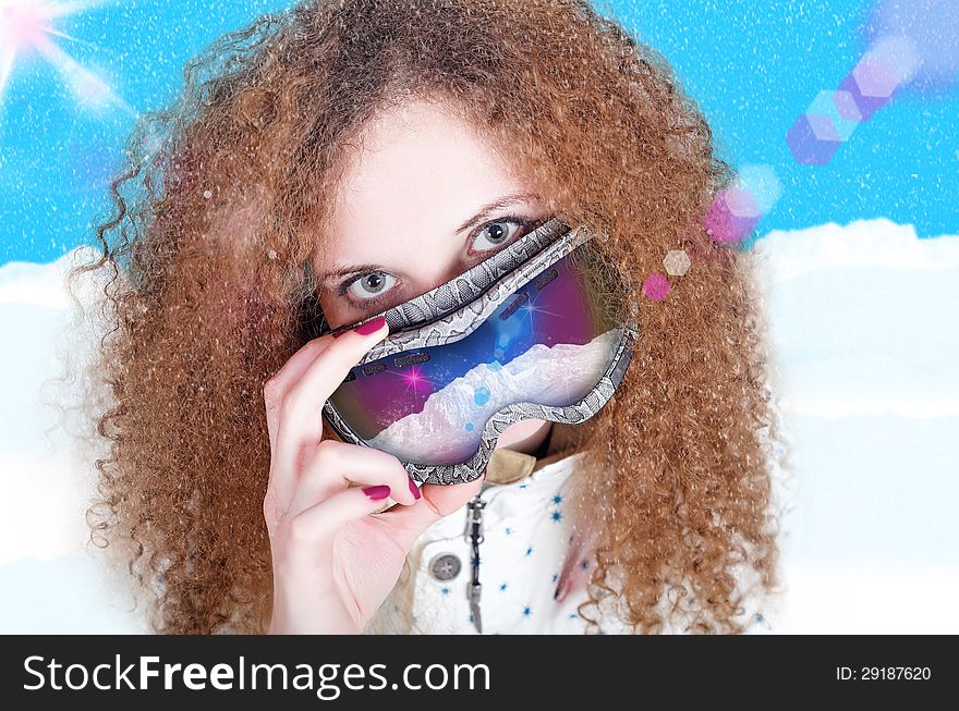 Cute curly girl with glasses Snowboard. Cute curly girl with glasses Snowboard