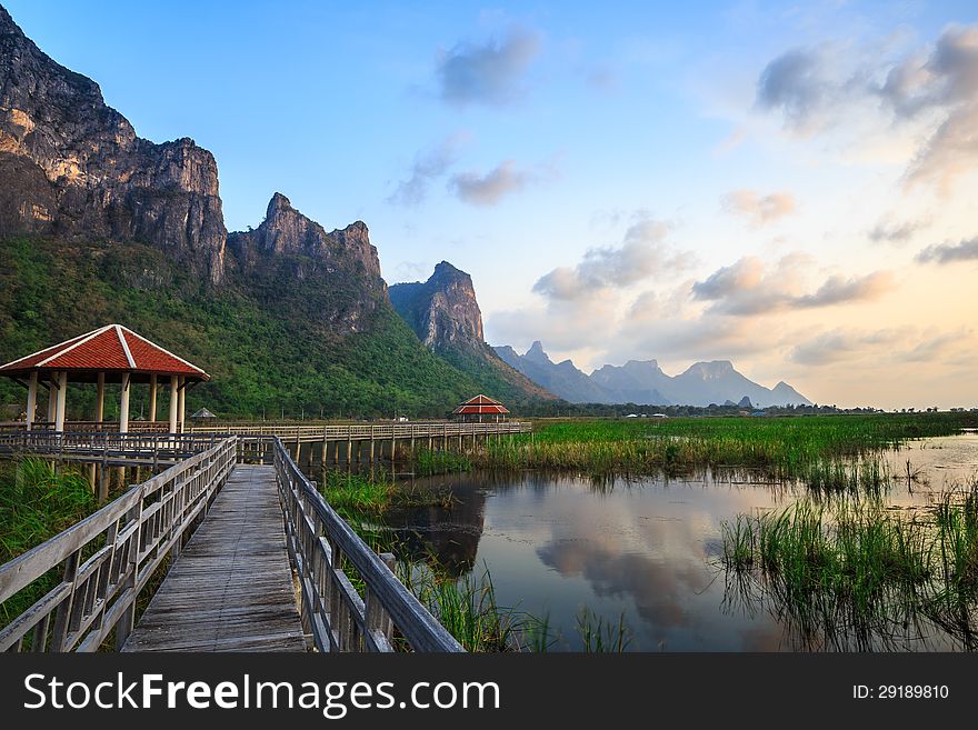 Wooden Bridge In Lotus Lake At Khao Samroiyod National Park