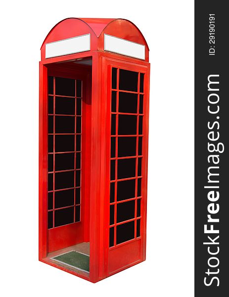 Red British telephone booth isolated on white. Clipping path included.
