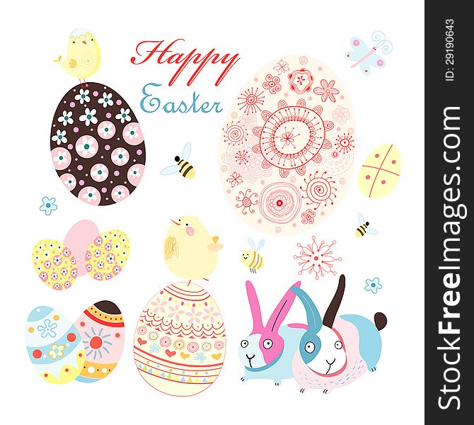 Bright greeting card with eggs and chicks for Easter. Bright greeting card with eggs and chicks for Easter