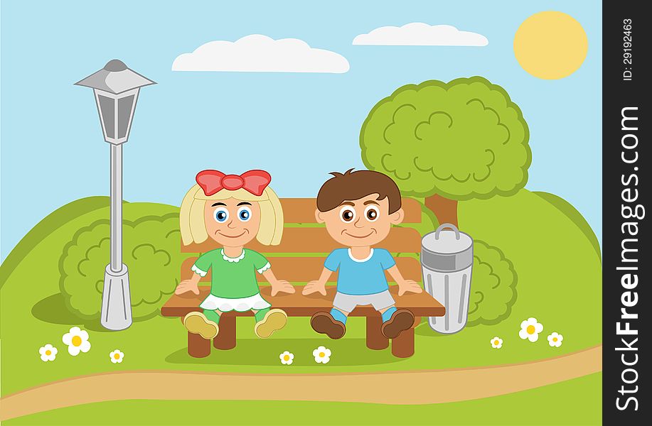 Kids sitting on bench. Vector illustration