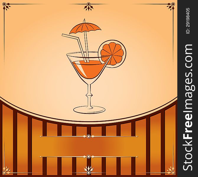 Cocktail glass with orange. Vector graphic illustration with place for text. Cocktail glass with orange. Vector graphic illustration with place for text