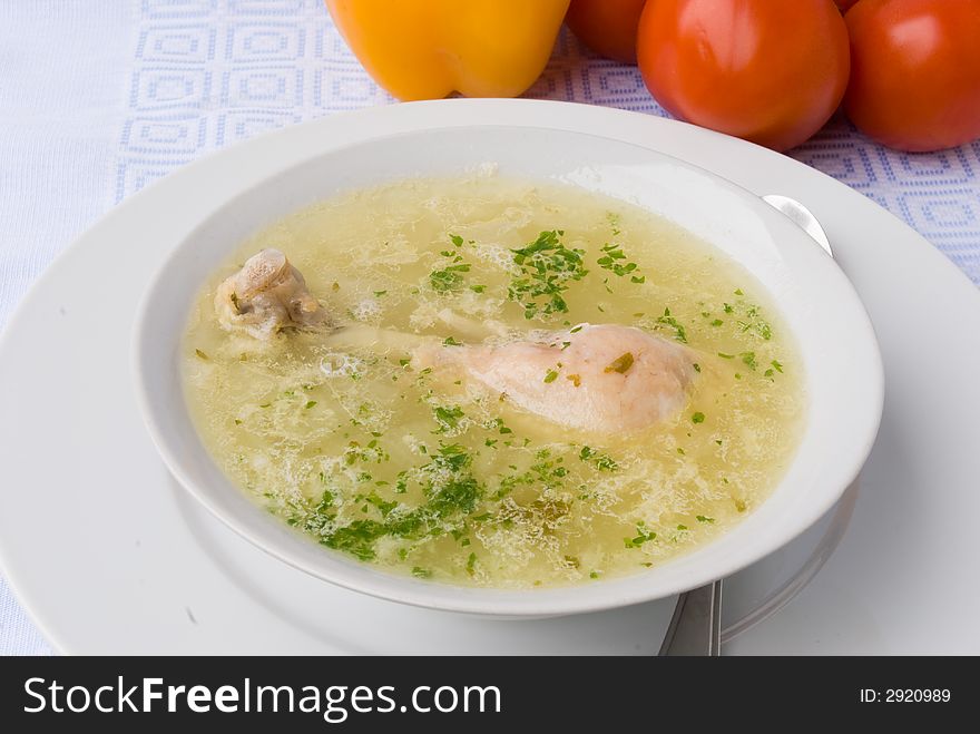 Chicken soup with chicken leg