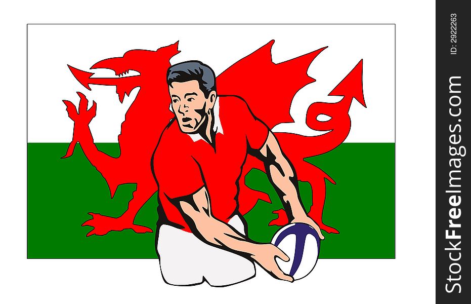 Vector art on the sport of rugby with Welsh flag. Vector art on the sport of rugby with Welsh flag