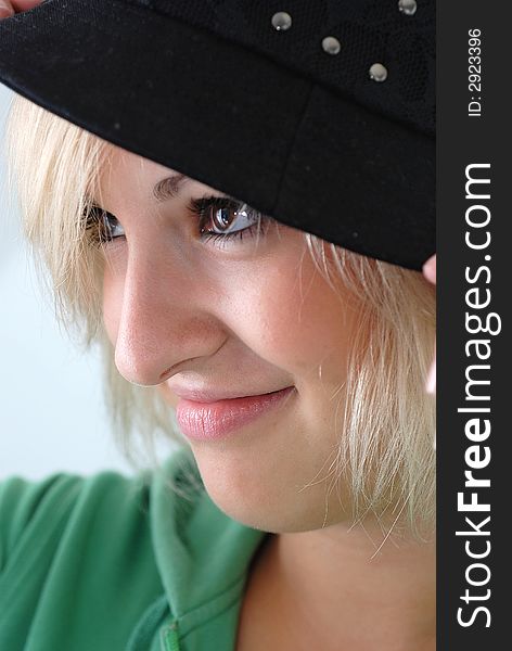 Beautiful female face with hat. Beautiful female face with hat