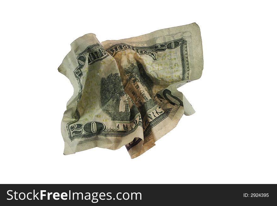 A crumpled twenty dollars bill