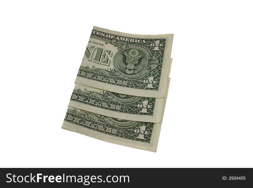 Three folded one dollar bills. Three folded one dollar bills