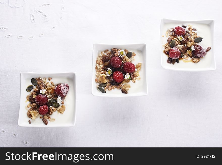 Muesli, cereals, small bowl, raspberries, honey. Muesli, cereals, small bowl, raspberries, honey