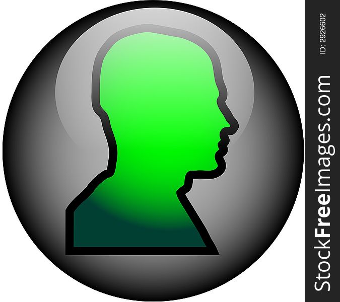 Mans head gray green web button. Mans head gray green web button