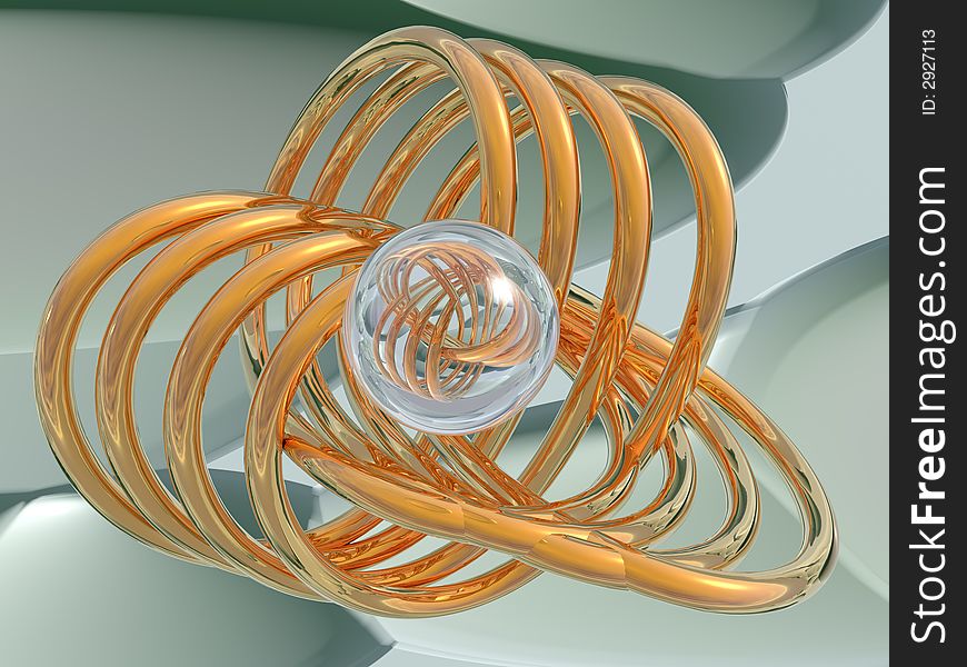 The abstract image of a gold spirals and a glass sphere. High resolution 3D background. The abstract image of a gold spirals and a glass sphere. High resolution 3D background.