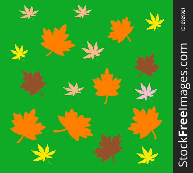 colorful autumn leaves scattered  on  green background. colorful autumn leaves scattered  on  green background