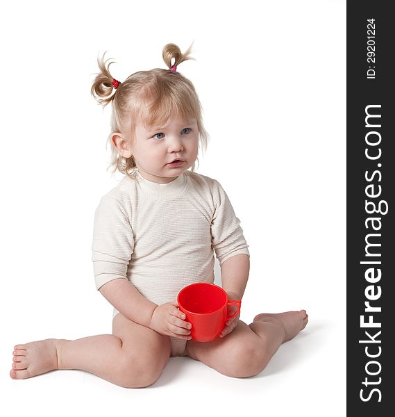 Girl with a pot on a white background. Clipping path.