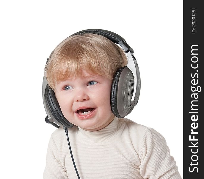 Girl in headphones on a white background. Clipping path.