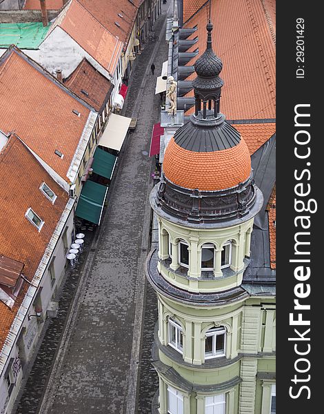 View of the Slovenian city from the spire of the Maribor cathedral. View of the Slovenian city from the spire of the Maribor cathedral