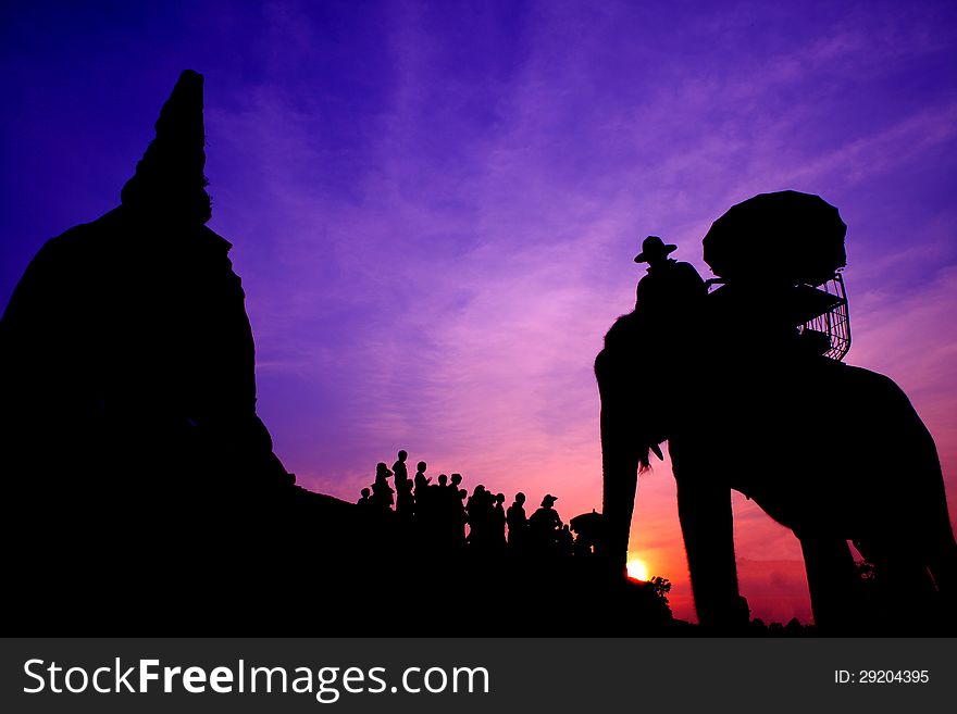 Elephant and Tourist silhouette in thailand. Elephant and Tourist silhouette in thailand
