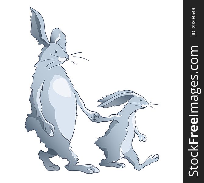 Rabbits family - walking cartoon dad and son. Rabbits family - walking cartoon dad and son