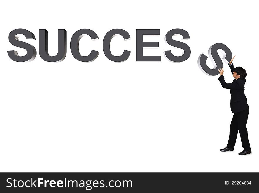 Young businessman with success 3d text, Isolated over white, Success in business concept