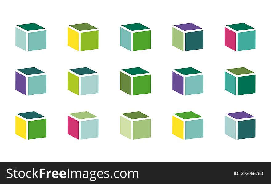Colorful cubes. Set of 16 green cubes in three rows. Isolated vector illustration on white background. PNG image.