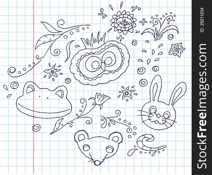 Floral and animal doodles drawing in vector