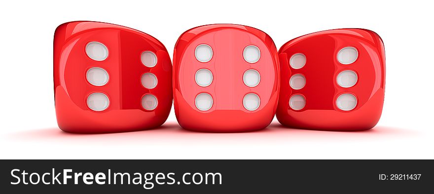 Three red dice with the number six. Three red dice with the number six