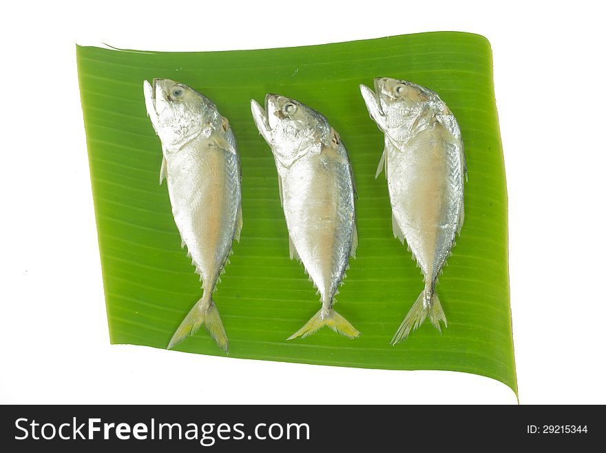 Mackerel fishes on banana leaf